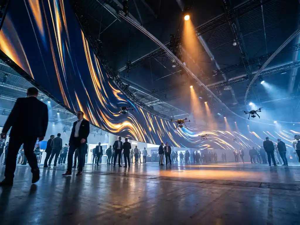 Weitläufige Messehalle mit geschwungener LED-Wand, autonomen Kameraschienen und warmem Bernsteinlicht über poliertem Betonboden.