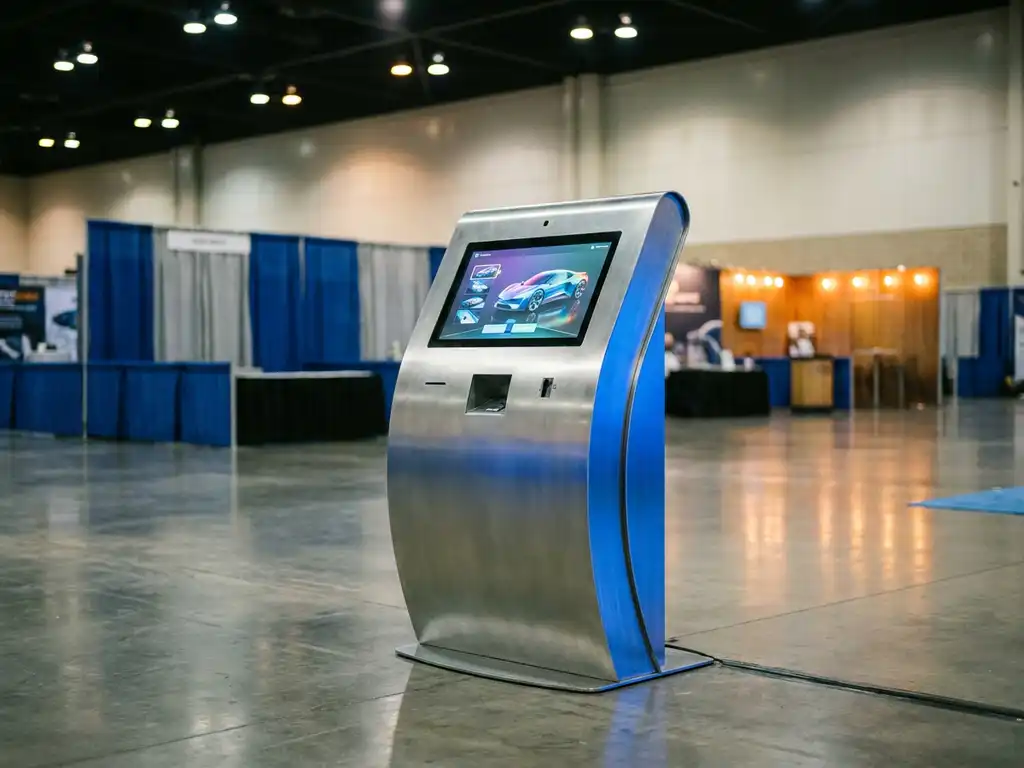 Interaktiver Messestand-Kiosk mit leuchtendem Touchscreen und Produktvisualisierungen auf poliertem Ausstellungsboden.
