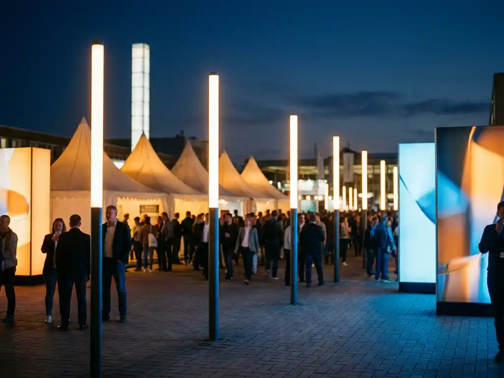 Leuchtende LED-Säulen auf einem belebten Messegelände bei Abenddämmerung, blaues und bernsteinfarbenes Licht über gepflastertem Platz.