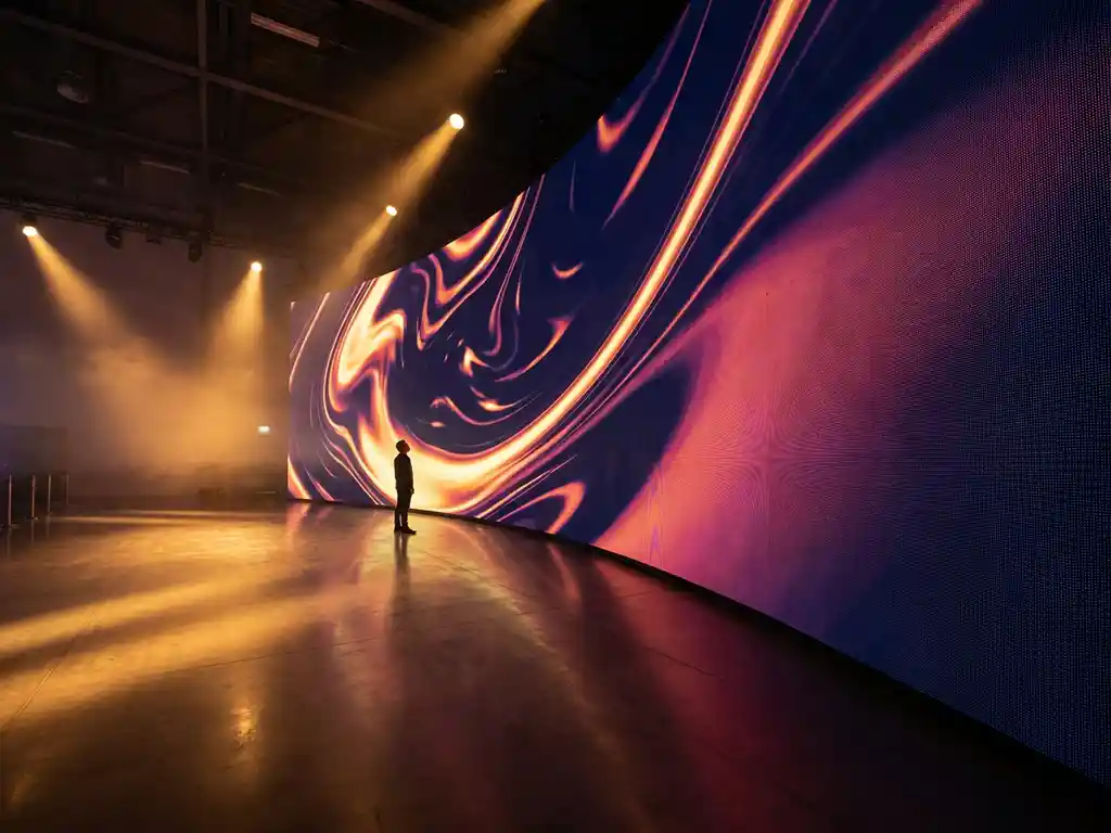Silhouettierte Person vor einer riesigen geschwungenen LED-Videowand auf einer Messe, beleuchtet von warmem Bernsteinlicht und Magenta-Tönen.