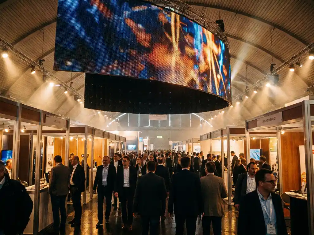 Geschwungene LED-Wand mit leuchtendem Content über belebter europäischer Messehalle, Standreihen im Hintergrund, warme Bernstein-Scheinwerfer.