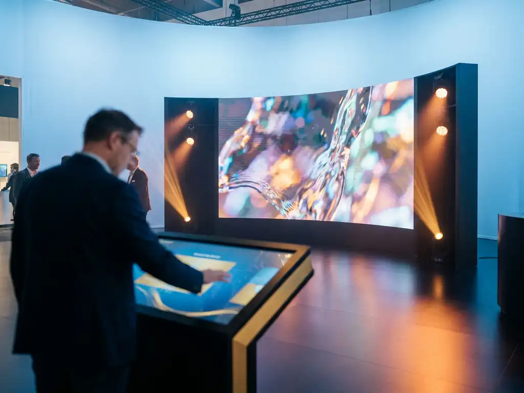 Besucher interagiert mit Touchscreen an modernem Messestand mit geschwungener LED-Wand und warmem Spotlicht.