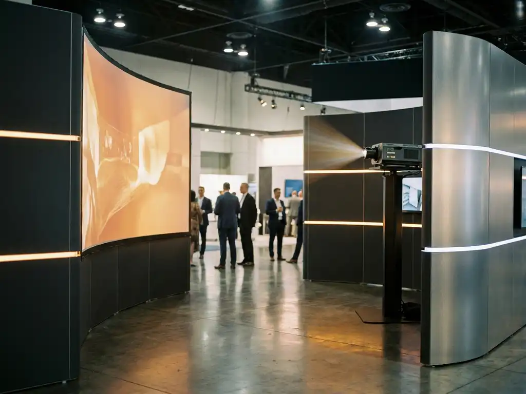 messestand-projektor-grossleinwand-ausstellung.jpg Hochwertiger Messestand mit Projektor und großer Curved-Screen-Leinwand, modularen Ausstellungswänden und warmem Umgebungslicht.
