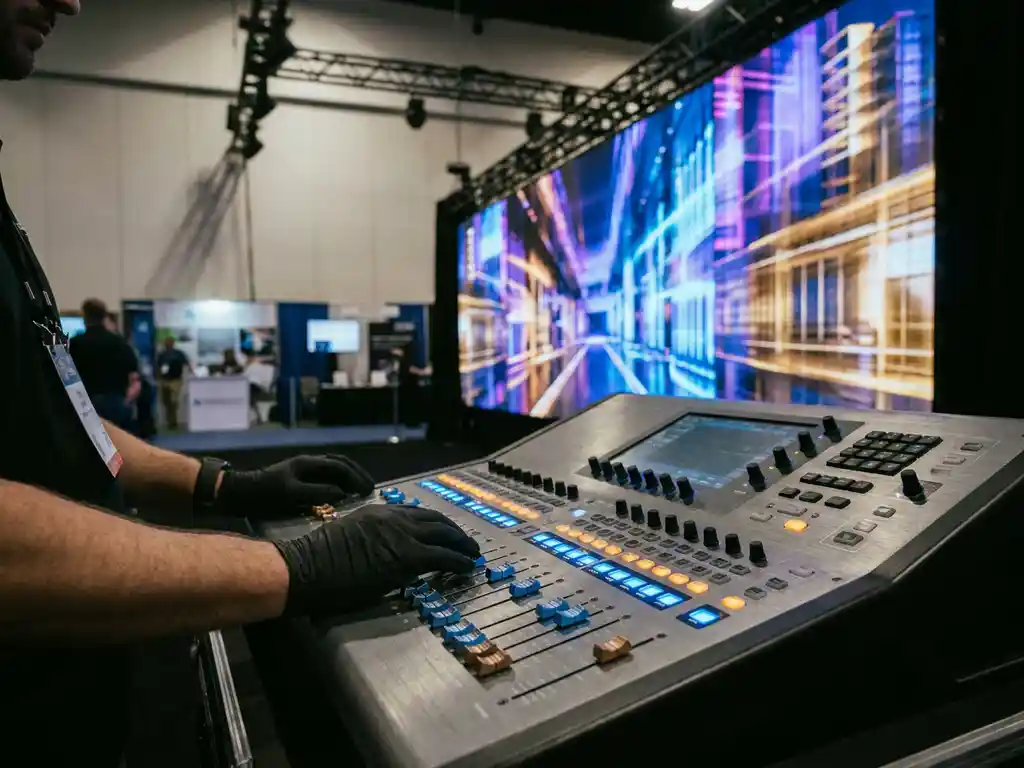 messe-techniker-steuerpult-led-display.jpg Techniker bedient professionelles Lichtpult mit beleuchteten Fadern auf einer Messe, LED-Displaywand mit bunten Grafiken im Hintergrund.