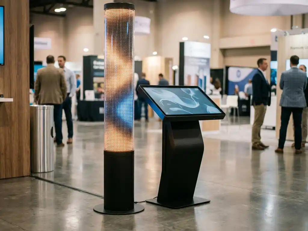 Touchscreen-Stele und leuchtende LED-Säule nebeneinander auf glänzendem Messeboden mit warmem Ambiente.