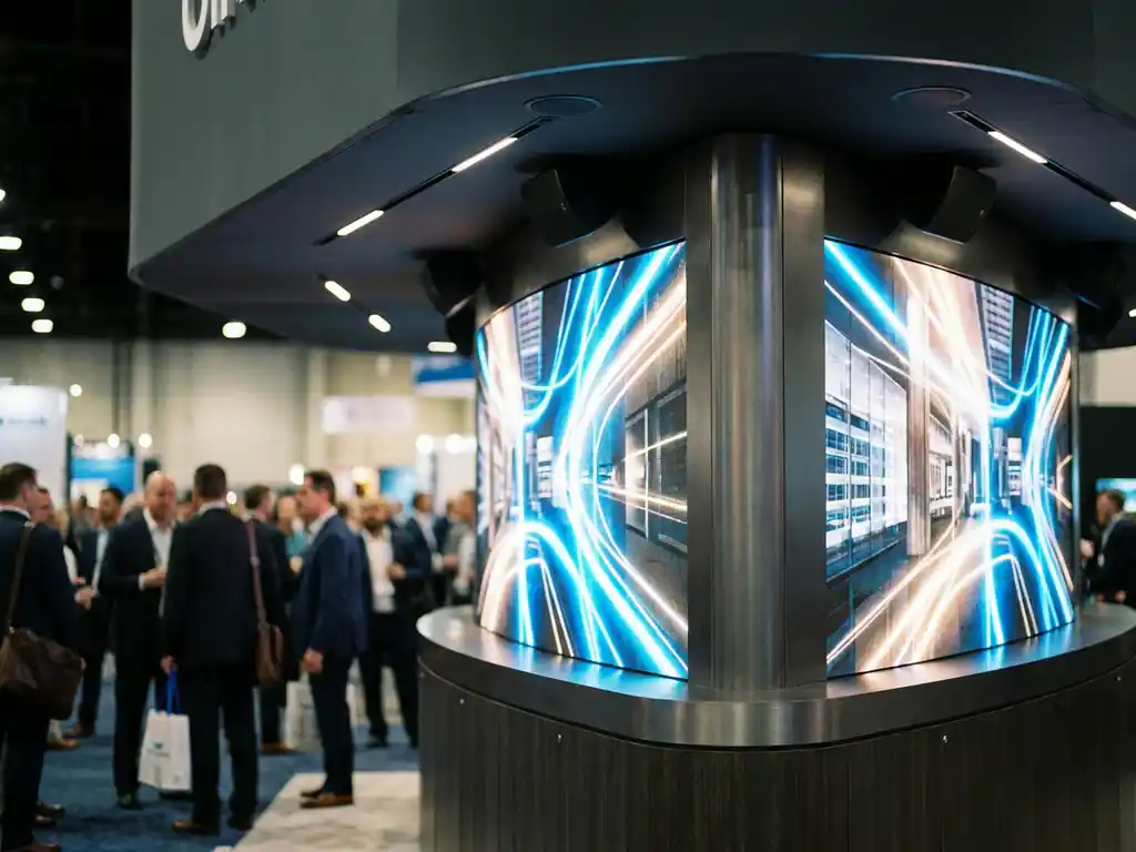 Moderner Messestand mit großformatiger LED-Wand, integrierten Lautsprechern und Spotlights in elektrischem Blau und Warmweiß.