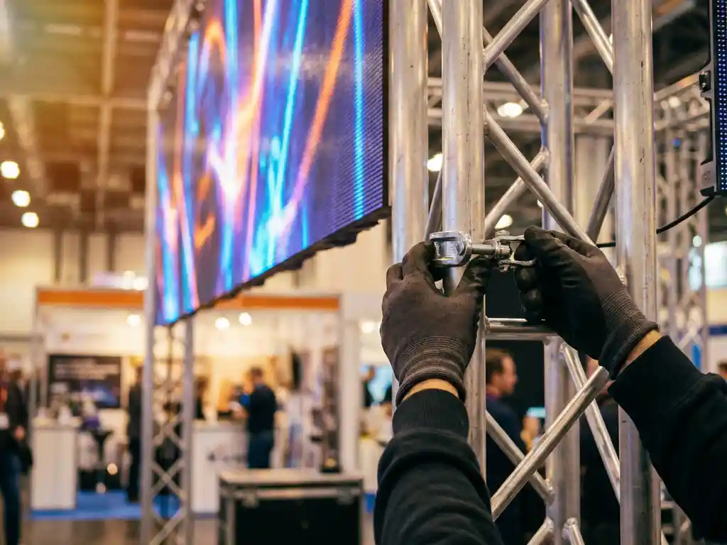 Techniker befestigt Schwerlast-Riggerklammer an poliertem Aluminiumtruss, beleuchtetes LED-Bannerpanel im Messehintergrund.