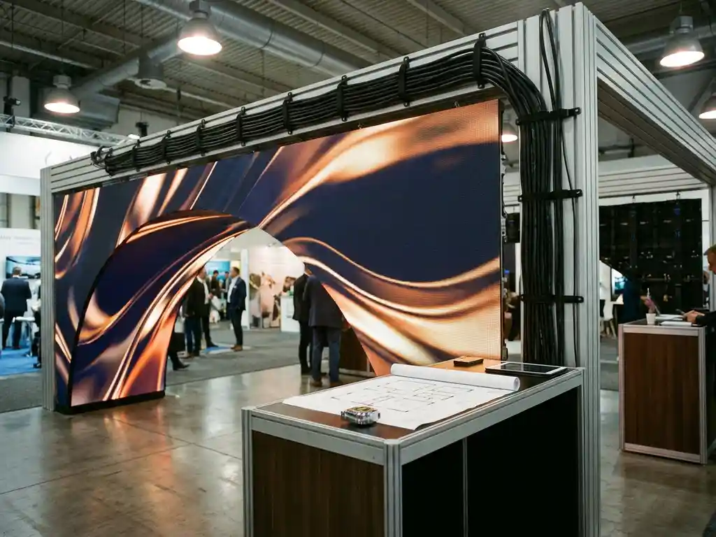 Geschwungenes LED-Banner mit lebendigen Markengrafiken in einem modernen Messestand aus Aluminium, Grundriss und Maßband auf dem Tresen.