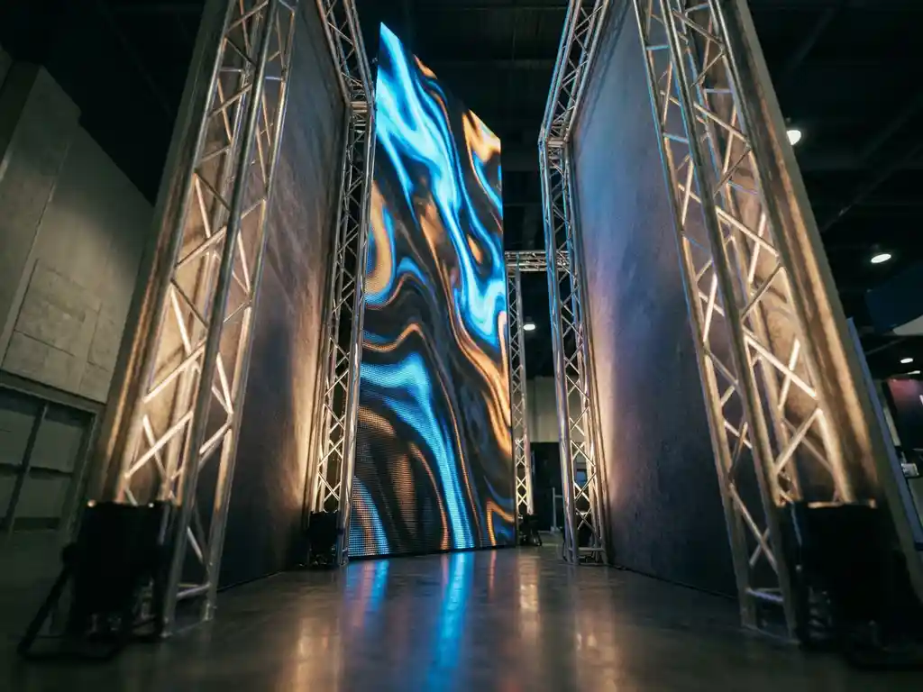 Schmaler Messestand mit leuchtendem LED-Display in Blau und Amber, Aluminiumträgern und poliertem Betonboden.