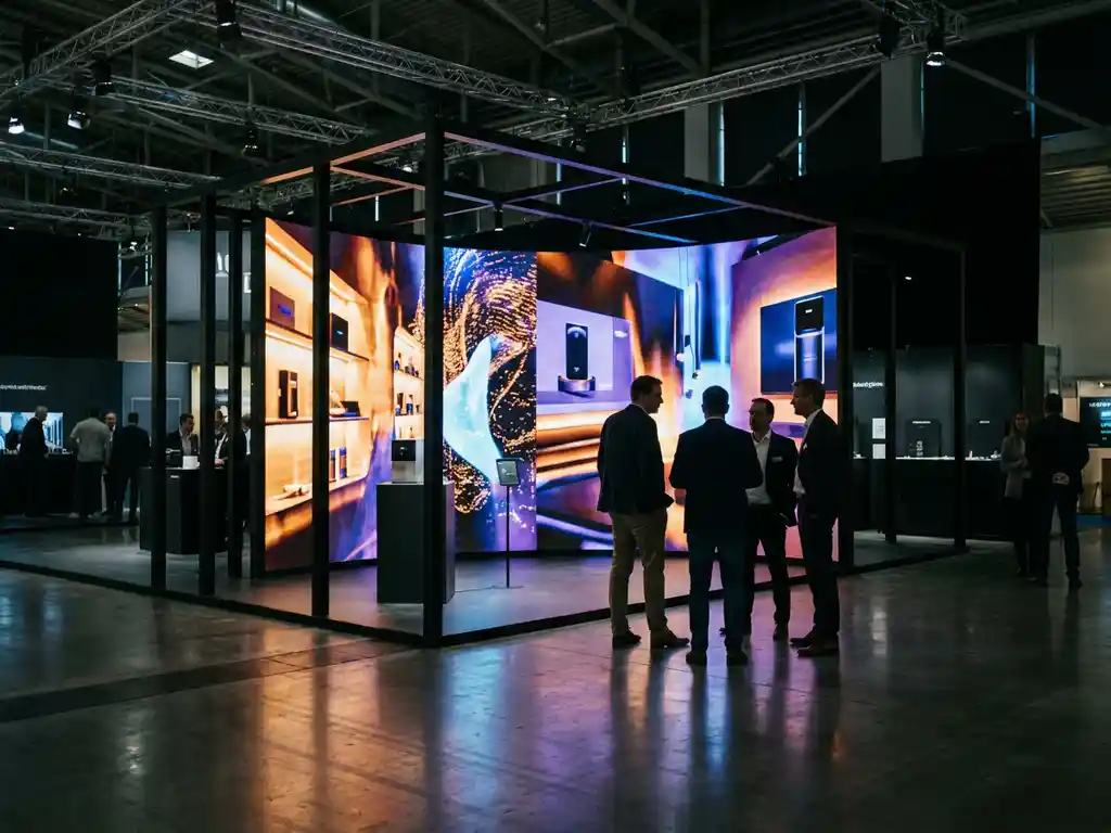 Geschwungene LED-Wand mit leuchtenden Produktvisualen in modernem Messestand, Besucher im Vordergrund, Reflexionen auf Hochglanzböden.