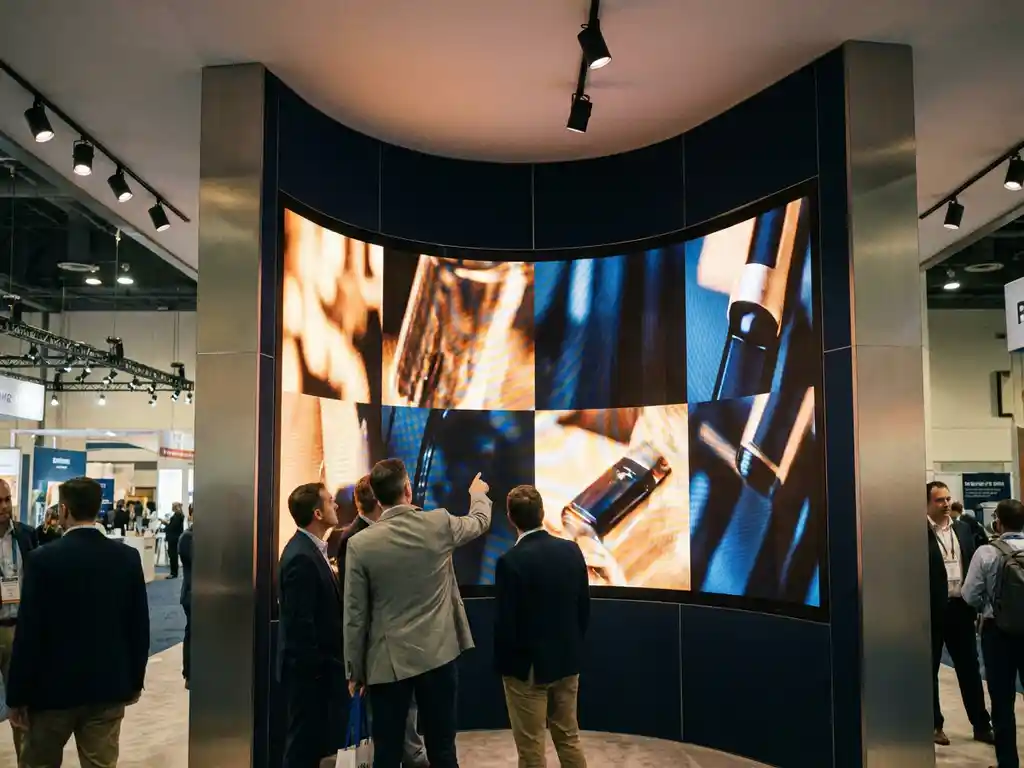 Geschwungene LED-Wand mit lebendigen Produktvisuals dominiert einen modernen Messestand, Besucher stehen davor in einer professionellen Ausstellungshalle.