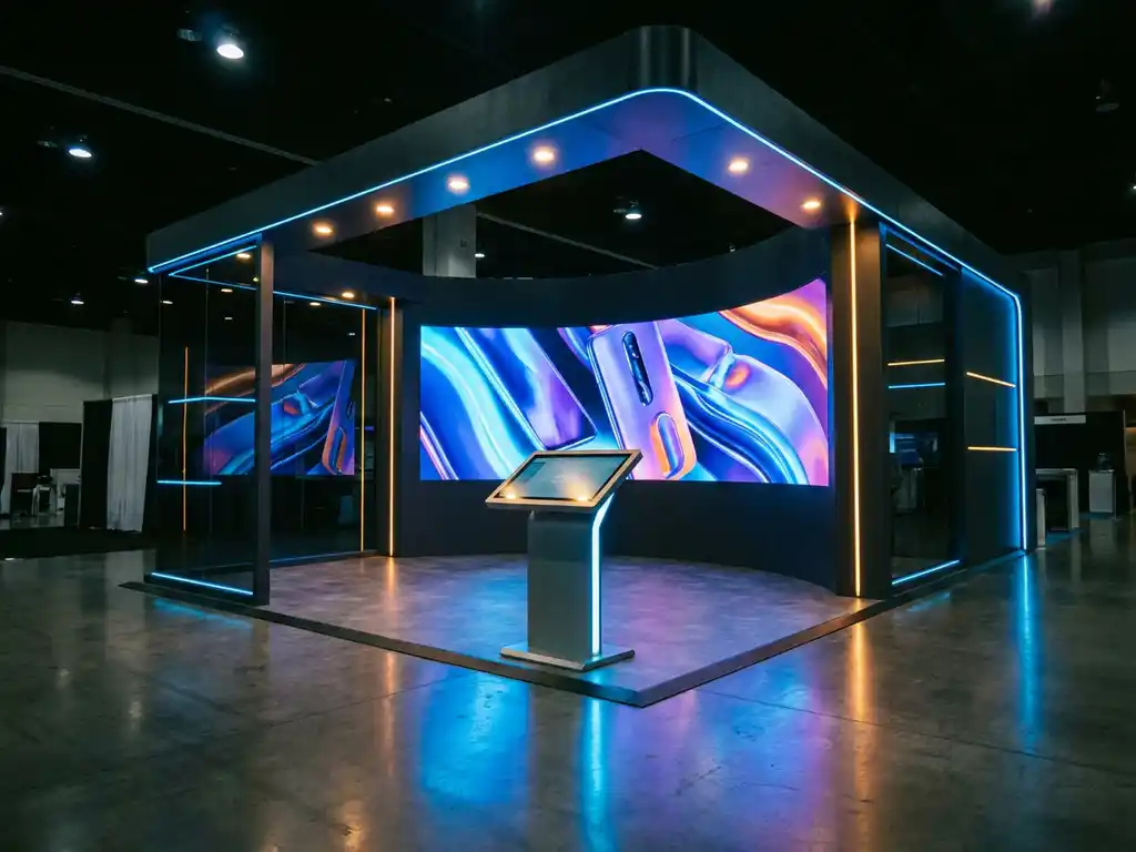 messestand-led-wand-kiosk-interaktiv.jpg Unbemannter Messestand mit geschwungenem LED-Display, interaktivem Touchscreen-Kiosk und dramatischer Beleuchtung in Blau- und Bernsteintönen.