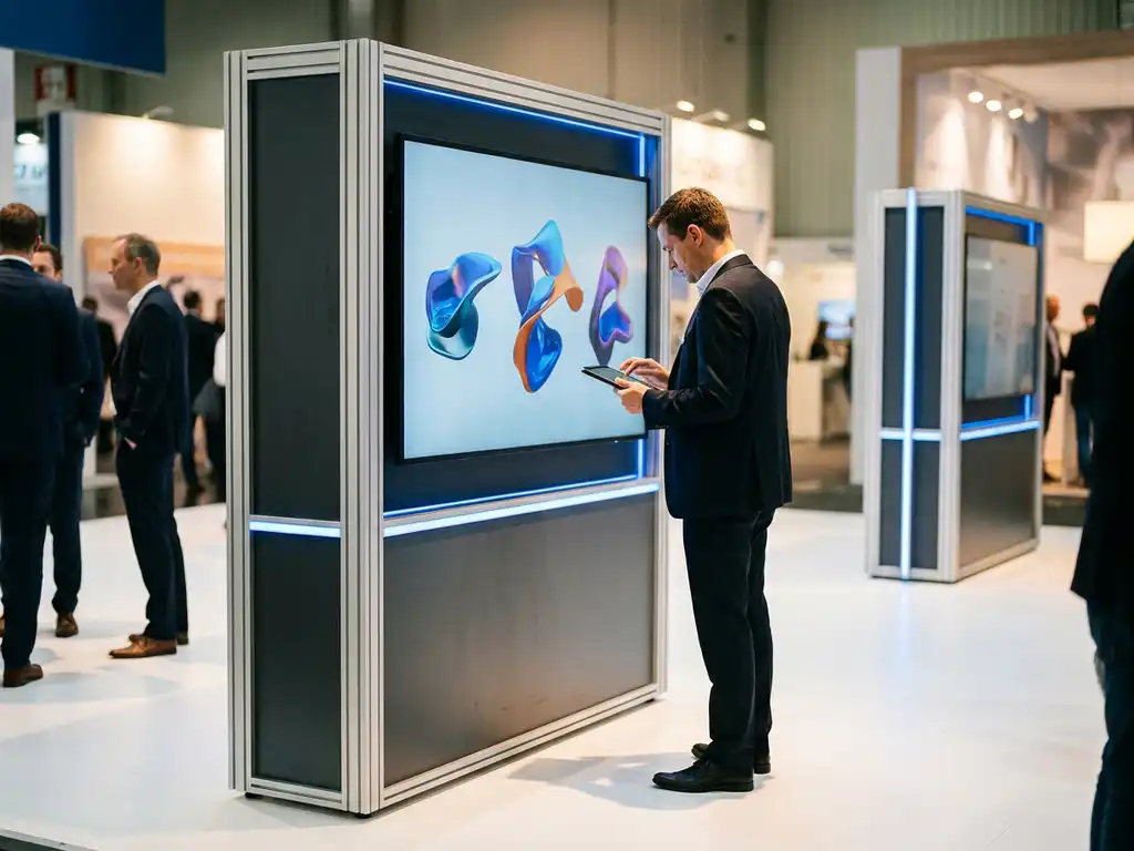 Besucher interagiert mit großem Touchscreen-Display an modernem Messestand mit blauer Akzentbeleuchtung.