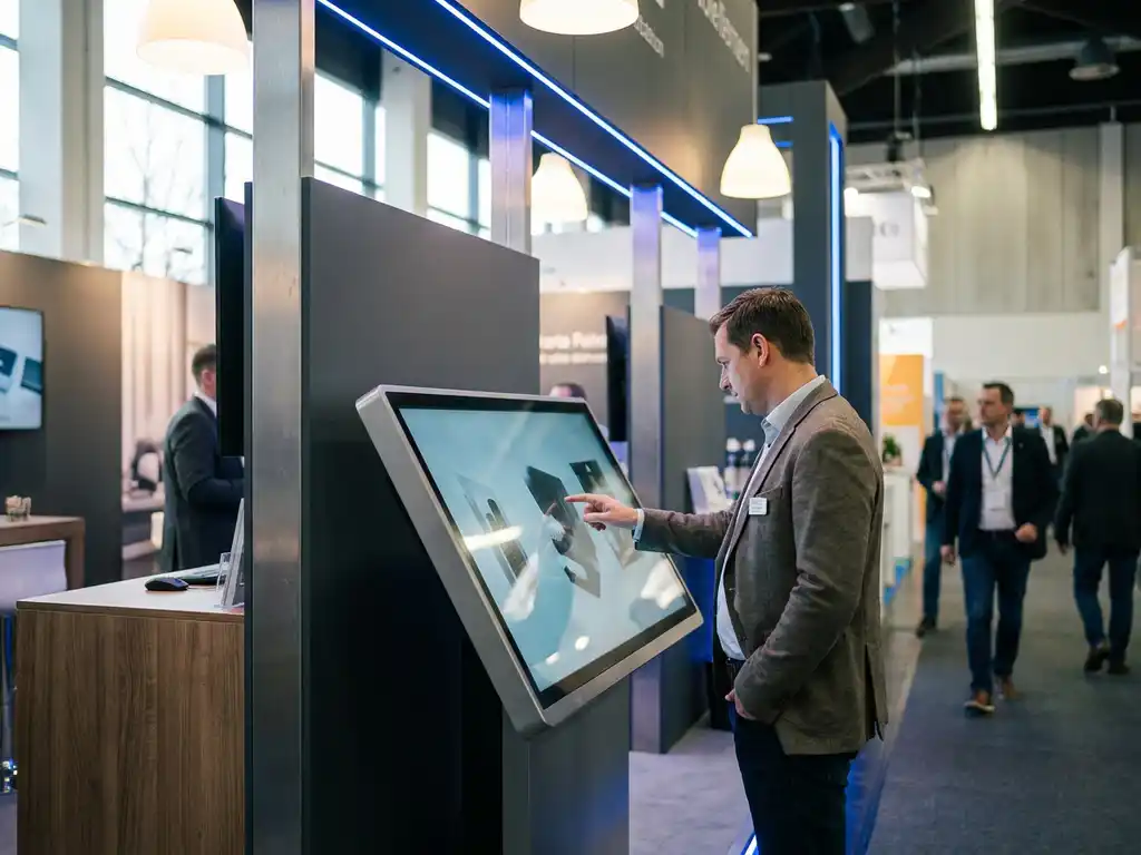 Besucher bedient eigenständig einen Touchscreen-Kiosk auf einer modernen Messestand, umgeben von blauem LED-Licht und charcoalfarbenen Oberflächen.