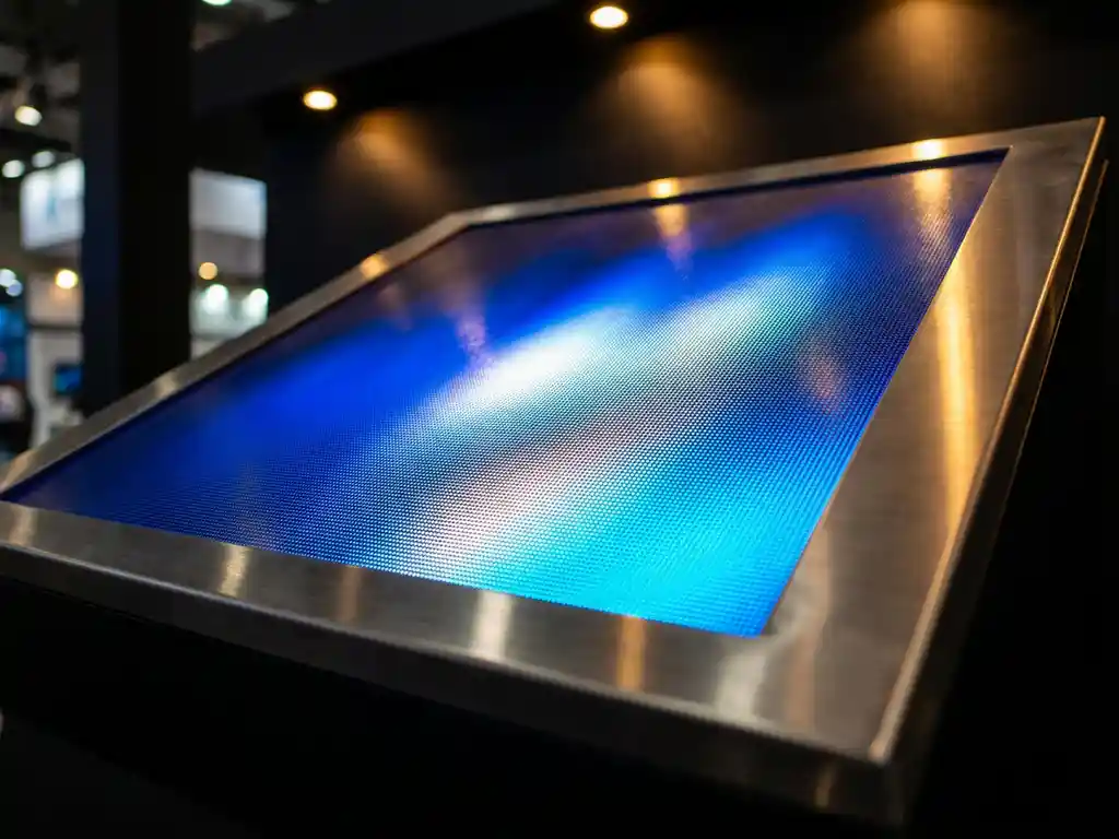 MicroLED-Display-Panel mit leuchtenden Blau-, Weiß- und Cyan-Farbverläufen, sichtbares Pixelraster in dunkler Ausstellungshalle.