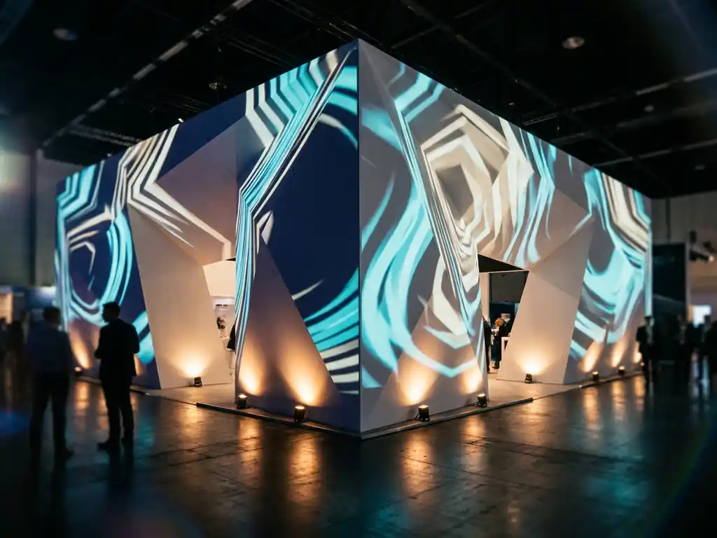 Projektionsmapping auf geometrischem Messestand mit elektrischen Cyan- und Weißmustern in dunkler Ausstellungshalle.