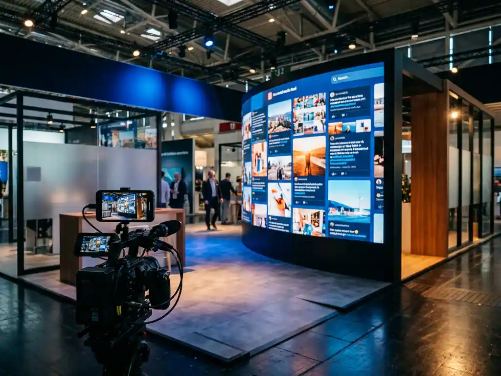 Geschwungene LED-Wand auf einer Messestand zeigt Live-Social-Media-Feed, Smartphone auf AV-Rig im Vordergrund, blaues und bernsteinfarbenes Licht.