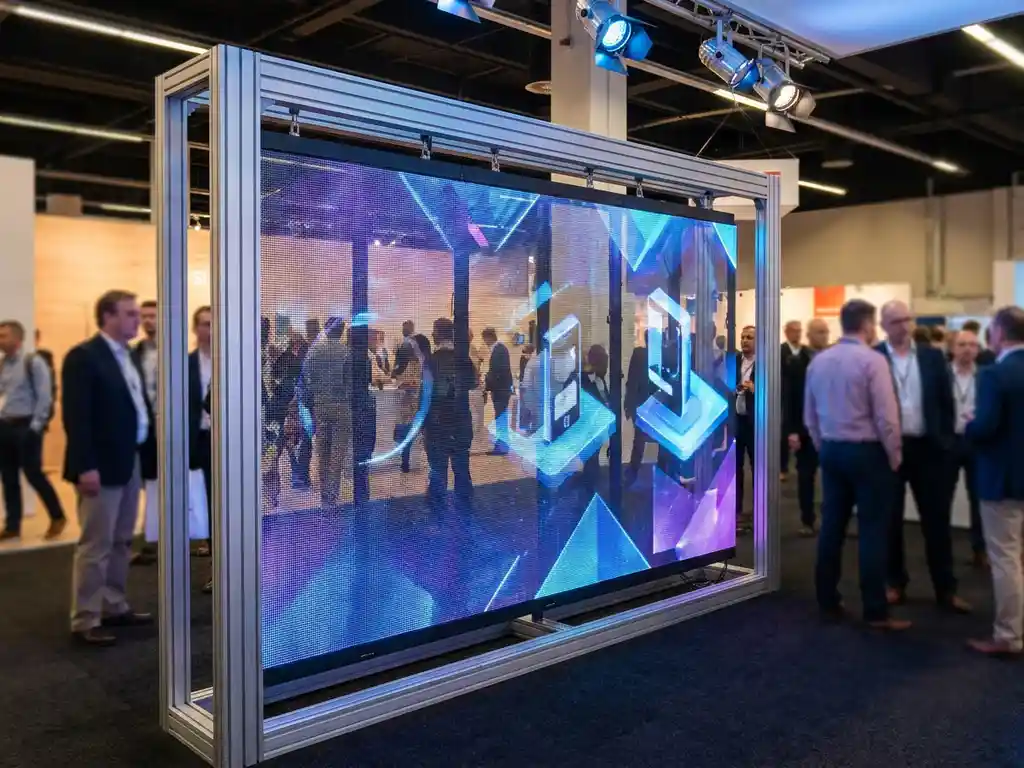 Transparentes LED-Display auf einer Handelsmesse zeigt leuchtende Produktbilder, während der Ausstellungsraum durch den Bildschirm sichtbar bleibt.
