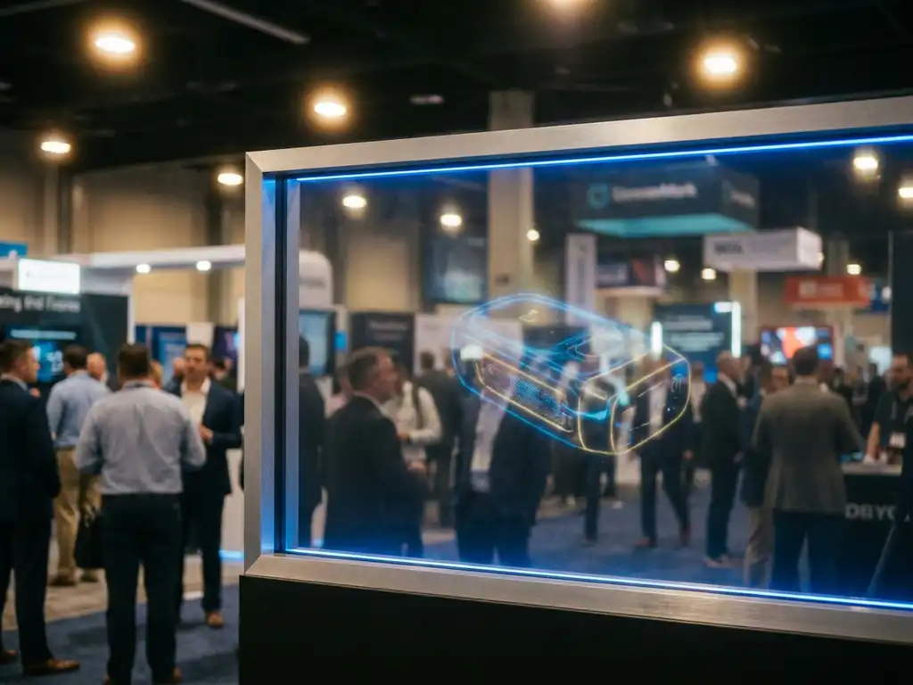 Transparentes LED-Modul-Panel an einem Messestand mit leuchtendem Produktbild, Aluminium-Rahmen und warmem Umgebungslicht.