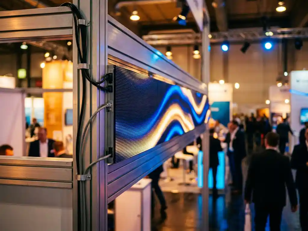Leuchtender LED-Bannerstreifen in Blau und Gold an einem Messestand, warme Amberspots, flacher Schärfentiefe, Ausstellungshalle im Hintergrund.
