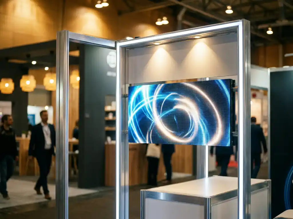 Kompaktes LED-Display mit leuchtenden Produktvisuals auf schmalem Messestand, Aluminiumrahmen unter warmem Spotlight-Licht.