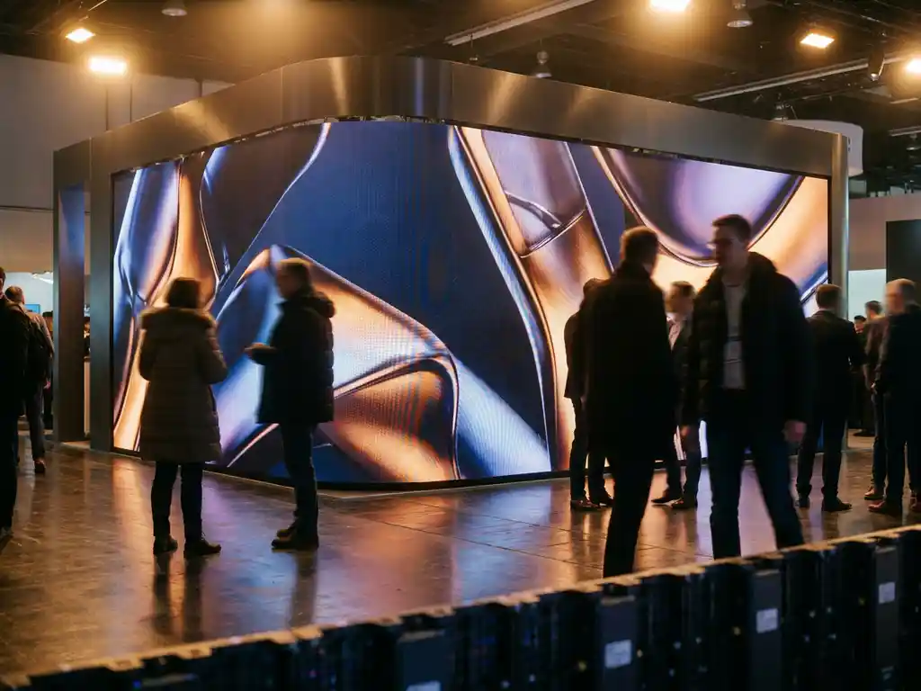 Geschwungene LED-Videowand mit lebendigen Produktbildern in blau-goldenen Tönen dominiert einen Messestand, Besucher im Gegenlicht.