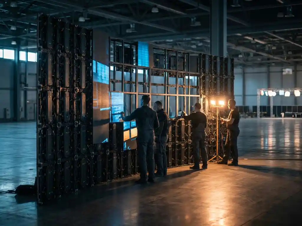 Techniker montieren eine modulare LED-Videowand auf leerem Messeboden, freiliegende Panelstruktur unter warmem Industrielicht.