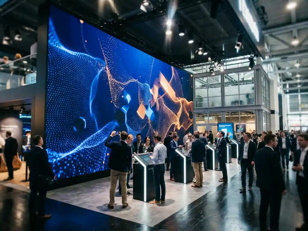 Geschwungene LED-Wand mit lebendigen 3D-Visualisierungen dominiert einen belebten Messestand, Besucher vor leuchtenden Displays.