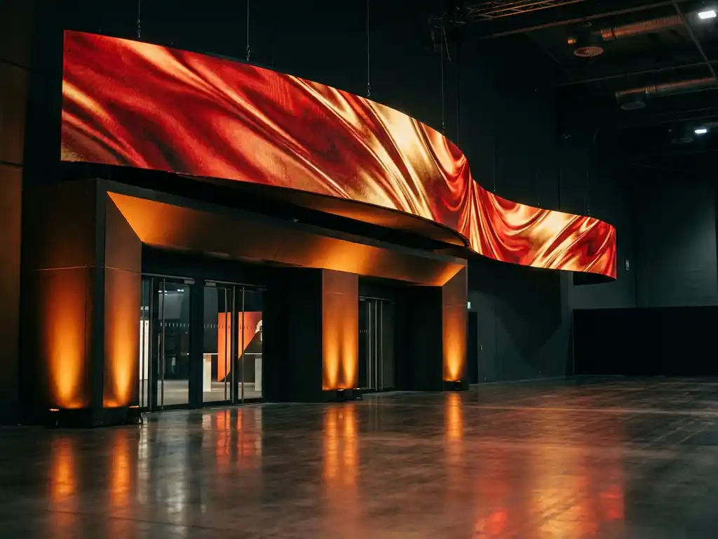 Geschwungenes LED-Banner mit rot-goldenen Lichteffekten über dem Eingang einer Messehalle, beleuchtet von warmem Bernsteinlicht.