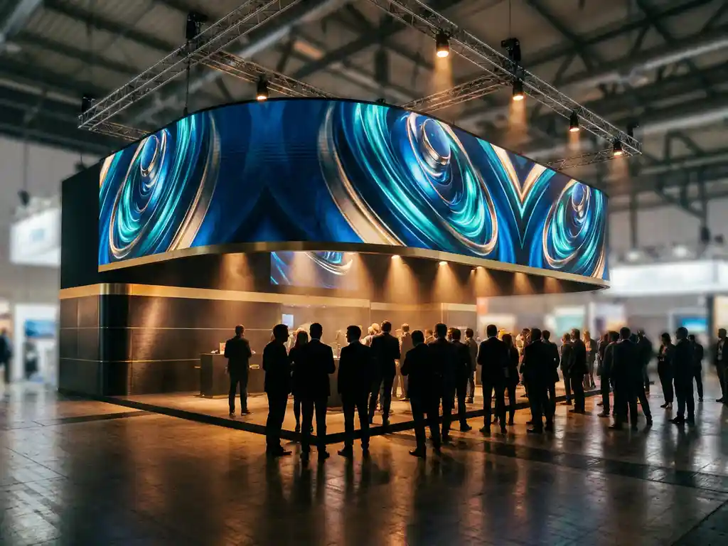 Geschwungene LED-Wand mit leuchtenden Produktvisuals auf einem Messestand, Besucher im Gegenlicht, Betonboden mit warmem Scheinwerferlicht.