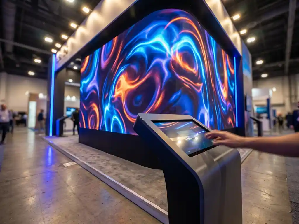 Messestand mit geschwungenem LED-Display in Blau und Weiß sowie interaktivem Touchscreen-Kiosk im Vordergrund.