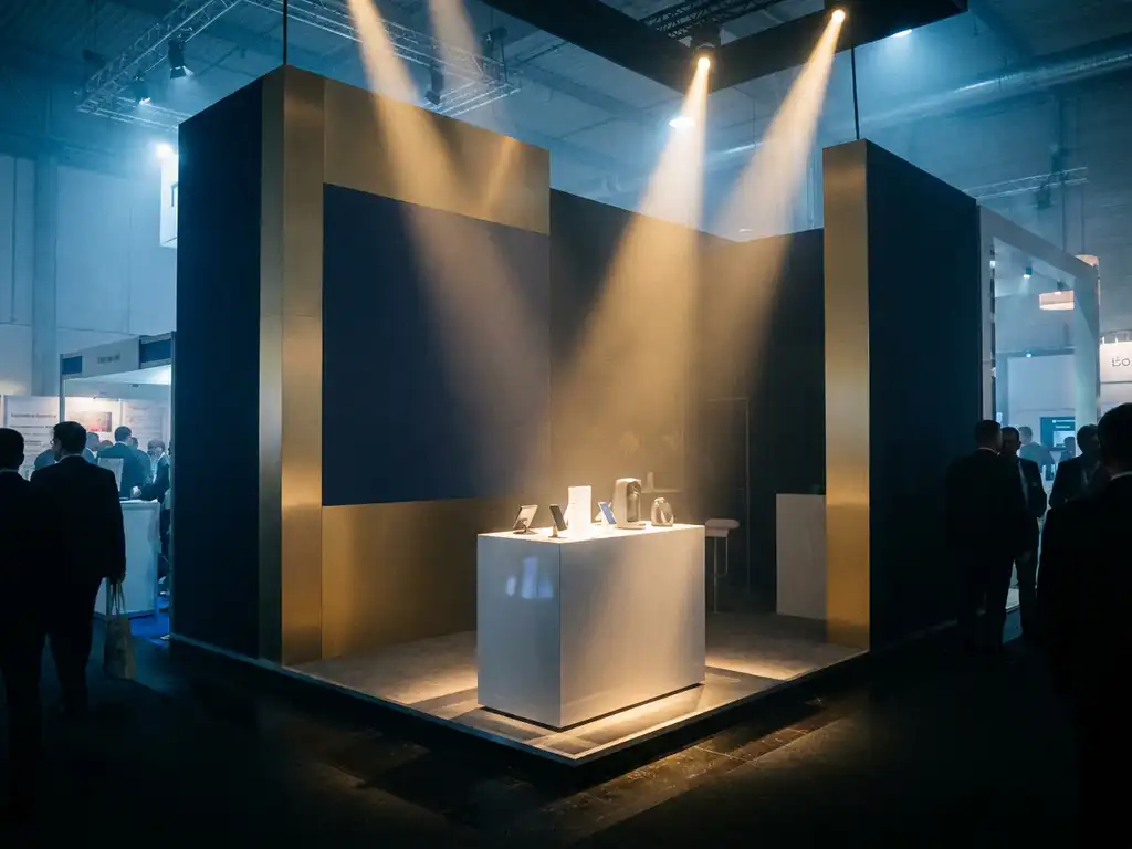 Messestand mit dramatischer Bühnenbeleuchtung, warmen Amberstrahlen und blauem Umgebungslicht auf dunklem Messeboden.