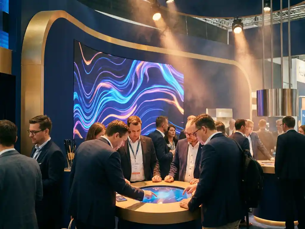 Messestand mit geschwungenem LED-Display und Besuchern an einem beleuchteten Touchscreen-Kiosk, warme Scheinwerfer in blau-goldenem Ambiente.
