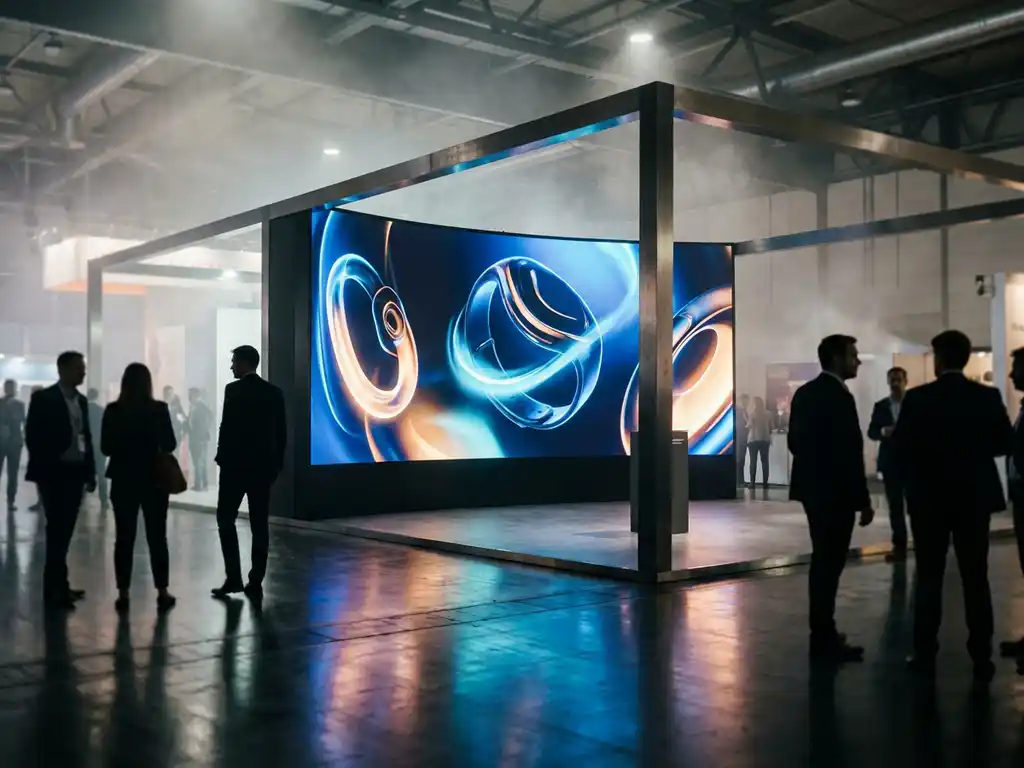 Geschwungene LED-Videowand mit lebendigen Produktbildern in einem modernen Messestand, Besucher im Vordergrund, dramatische Blau- und Bernsteintöne.