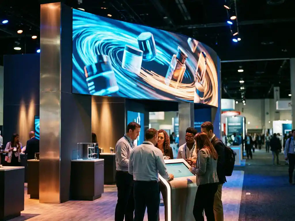Moderner Messestand mit geschwungener LED-Wand, Besucher an einem Touchscreen-Kiosk, dramatische Beleuchtung in Blau und Amber.