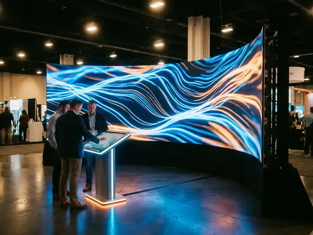 Geschwungene LED-Wand mit lebendigen Motion Graphics an einem modernen Messestand, Besucher interagieren mit einem beleuchteten Touchscreen-Kiosk.