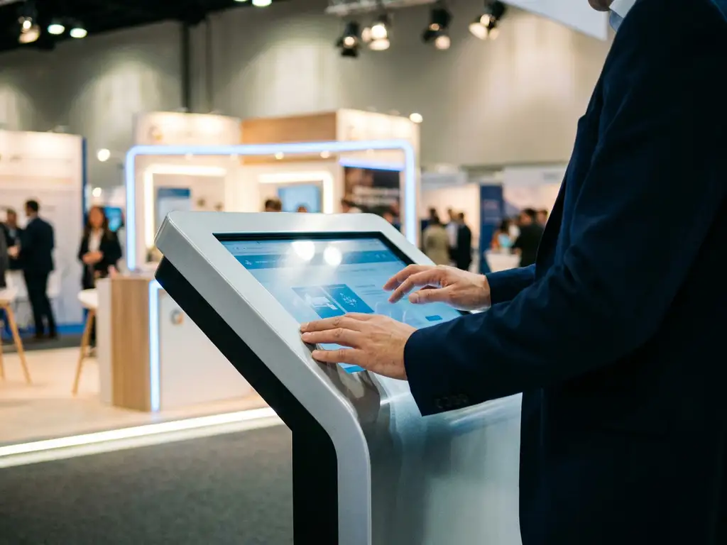 Besucher bedient einen Touch-Kiosk auf einer Messe, umgeben von beleuchteten Ausstellungsständen in Silber- und Marineblauttönen.