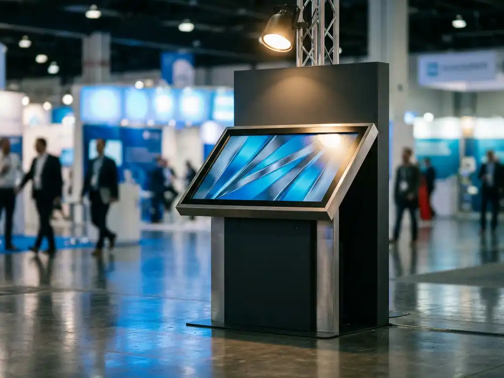 Touchscreen-Kiosk mit leuchtendem Display auf poliertem Messeboden, umgeben von blauem Umgebungslicht und verschwommenen Besuchern.