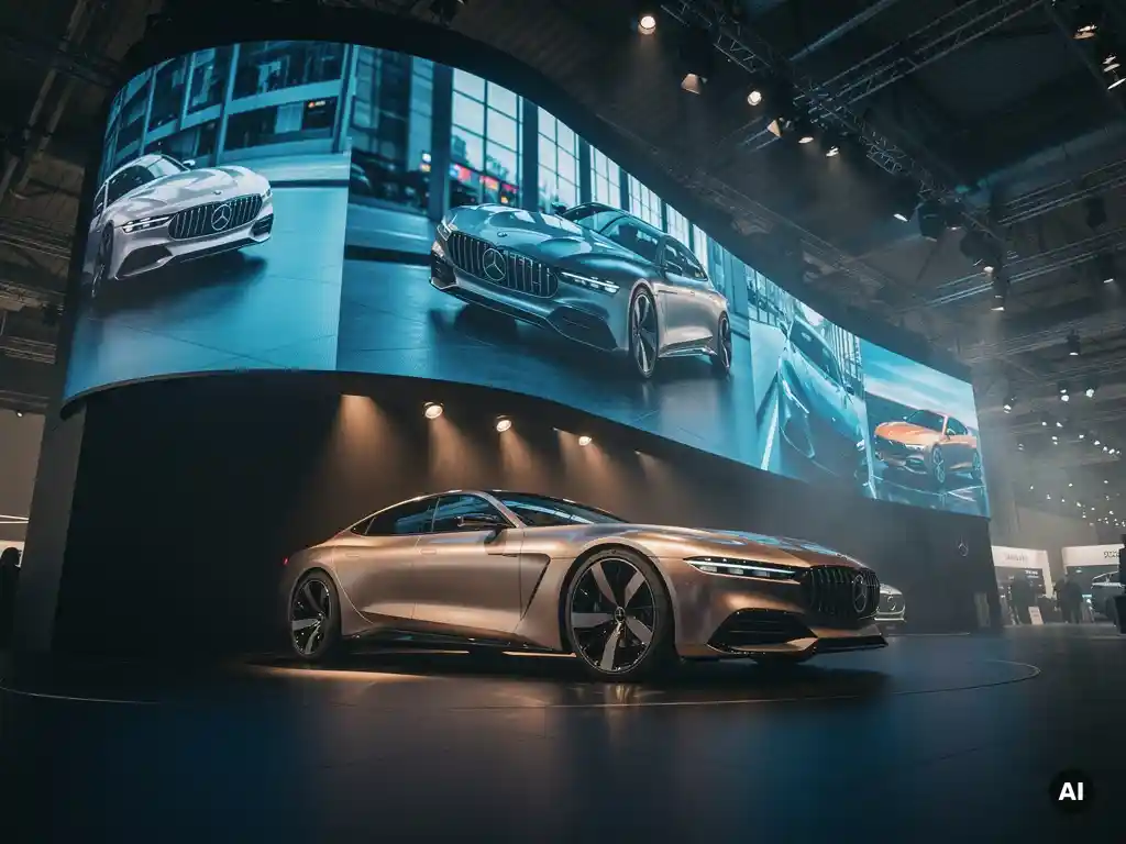 Konzeptfahrzeug unter geschwungener LED-Wand mit Automotive-Visualisierungen auf der Frankfurter Automesse, dramatische Spot- und Kontrastbeleuchtung.