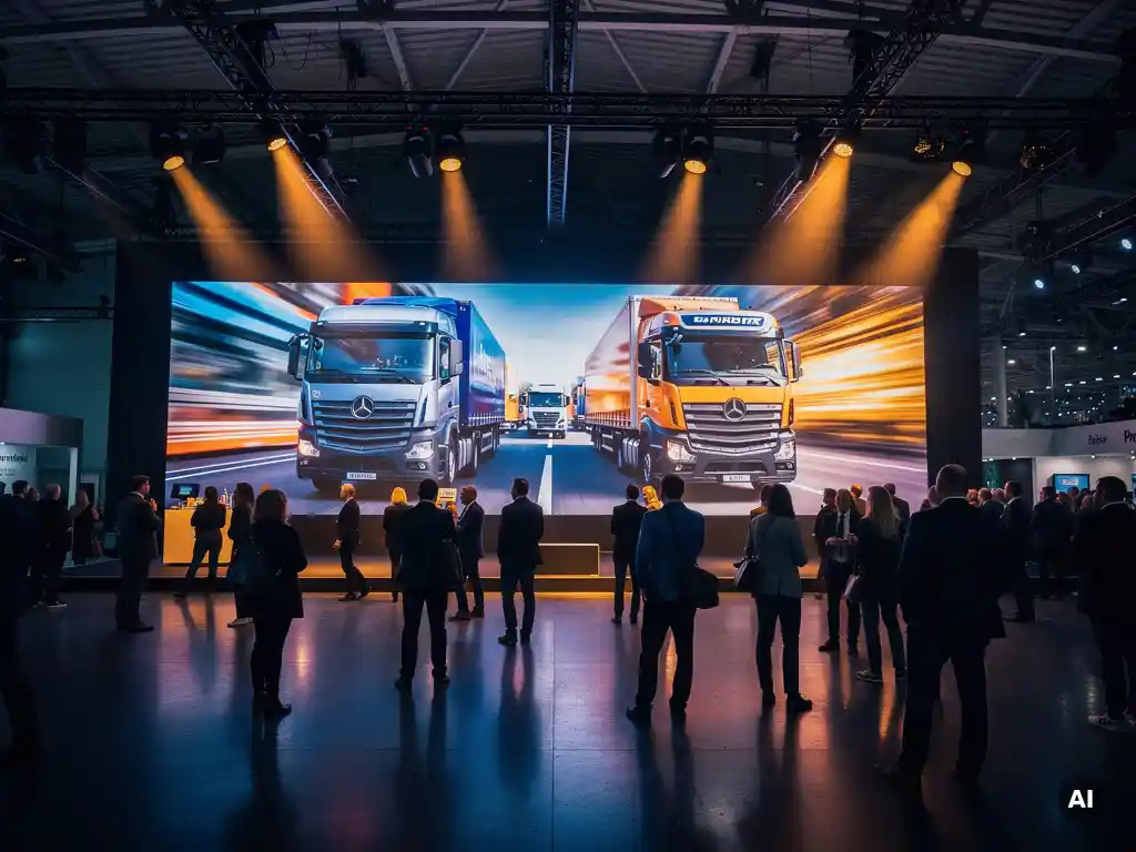 Riesige LED-Videowand mit Lkw-Motiven an einem Messestand in der Hannover Messe, beleuchtet von warmen Spots.
