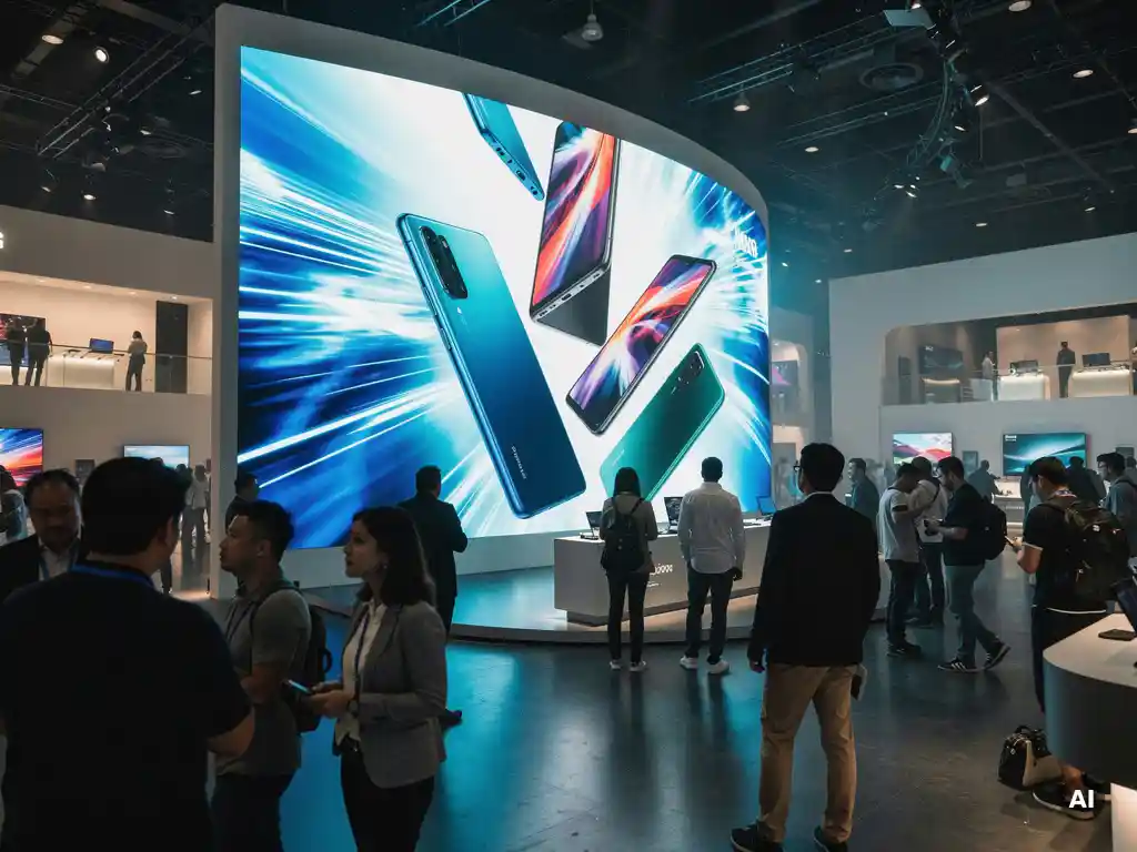 Geschwungene LED-Wand mit leuchtenden Produktvisuals zieht Besucher auf einer Elektronikmesse an, dominiert von Elektricblau und warmem Weiß.