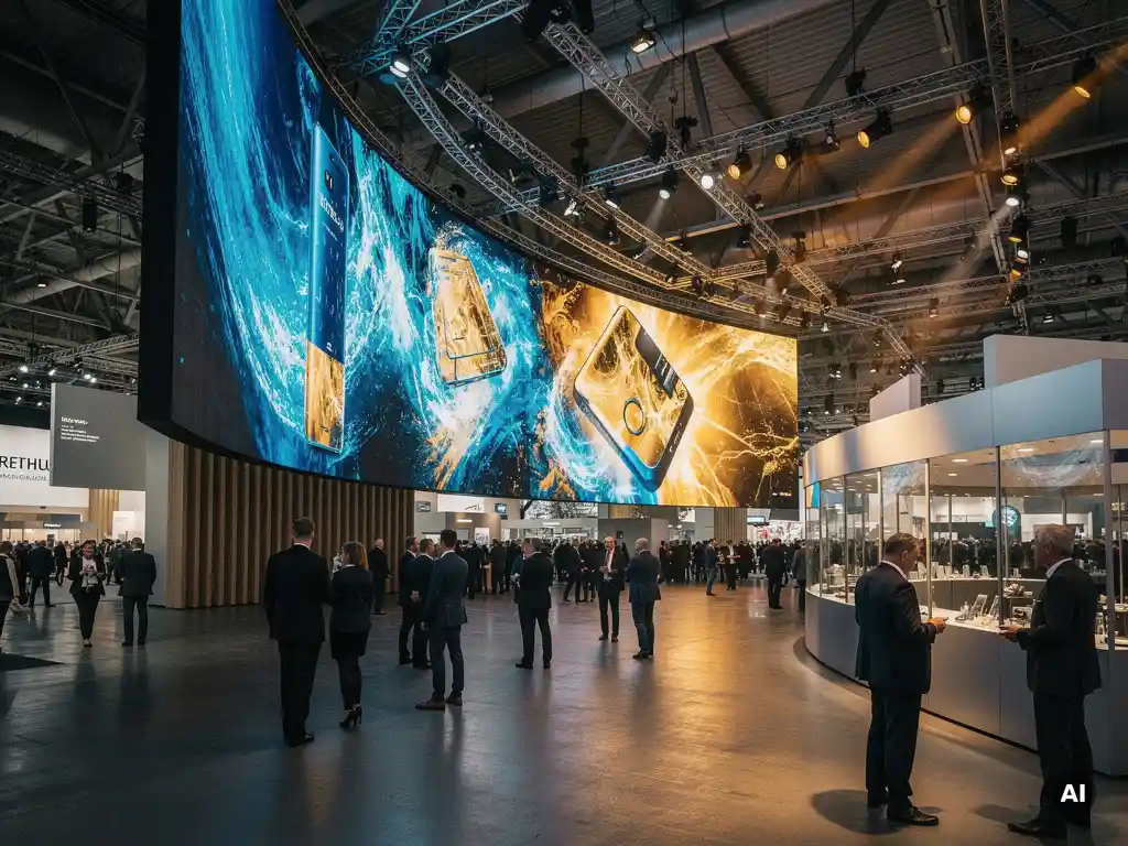 Riesige gebogene LED-Wand mit lebendigen Produktbildern in einer belebten deutschen Messehalle mit Ausstellungsständen und Spotlights.