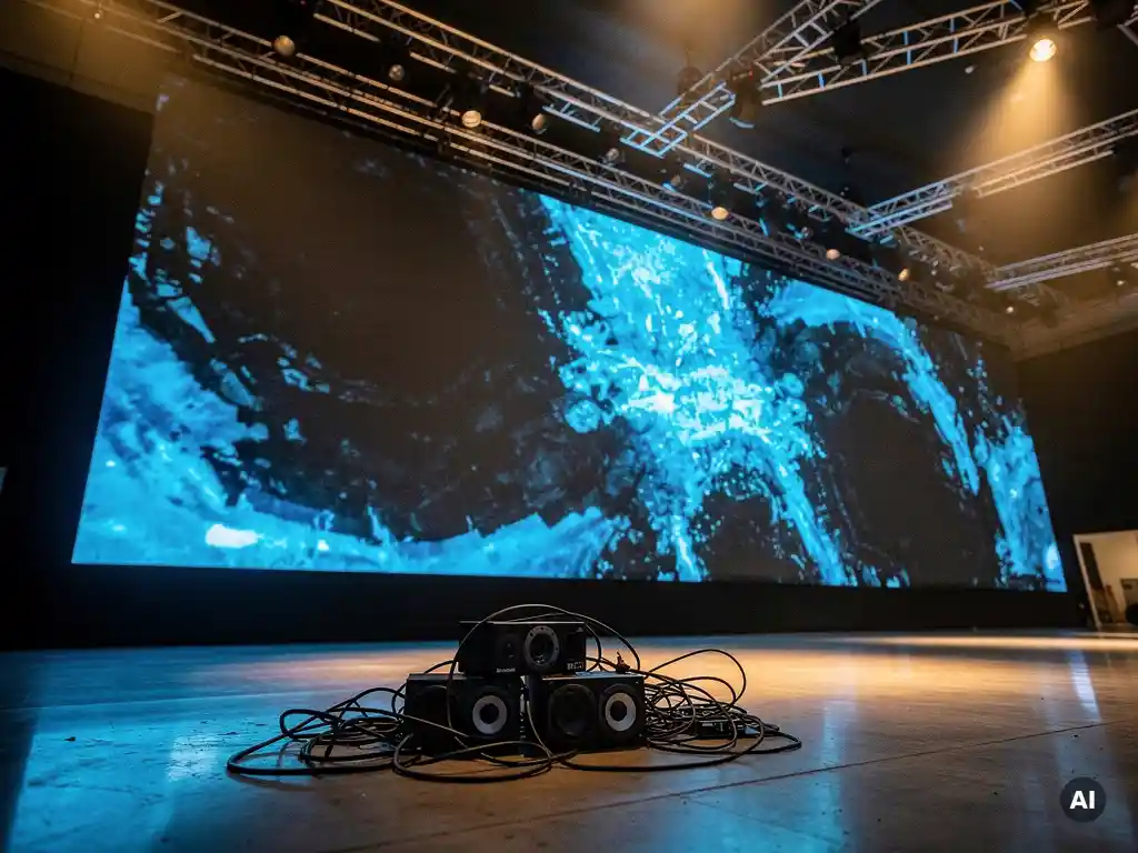 Riesige LED-Wand in einer Ausstellungshalle mit professionellem Rigging-Truss, darunter veraltete Lautsprecher und Kabel auf Betonboden.