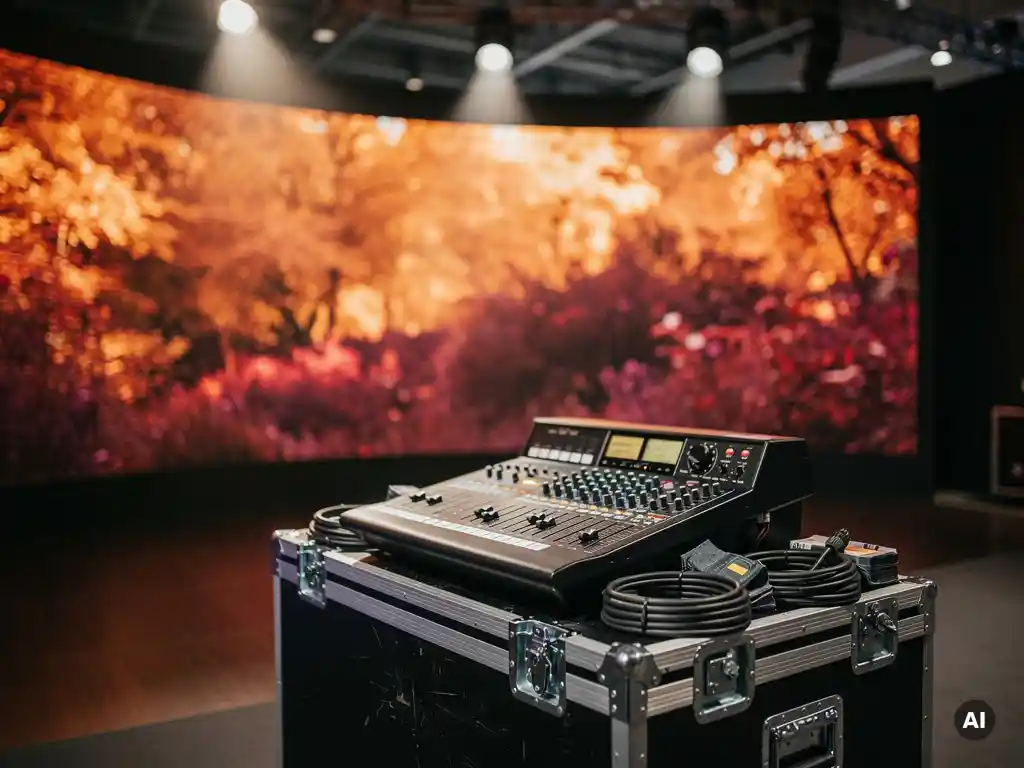 Messestand mit geschwungenem LED-Display in Herbsttönen, Mischpult und Kabeln auf schwarzem Equipment-Case im Vordergrund.
