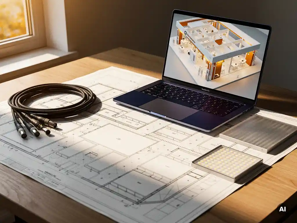 Messestand-Grundriss auf Zeichentisch mit Laptop, der ein 3D-Render zeigt, LED-Panel und AV-Kabel im Herbstlicht.