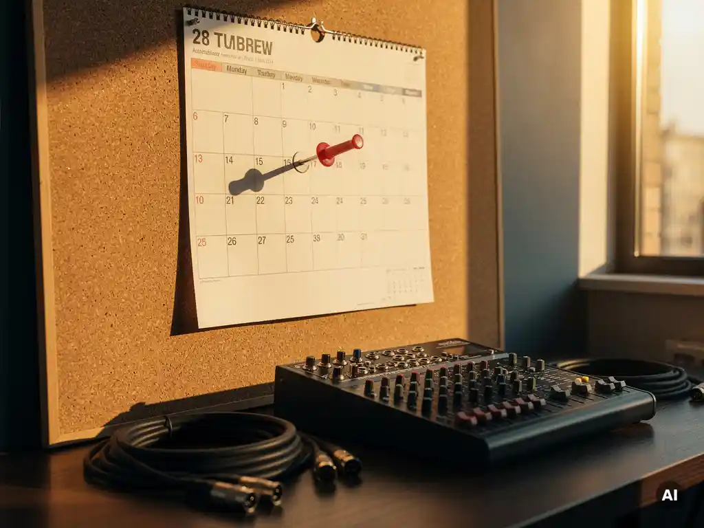Leerer Kalender an Pinnwand mit markiertem Datum, AV-Mischpult und XLR-Kabel auf dem Schreibtisch, warmes Nachmittagslicht.
