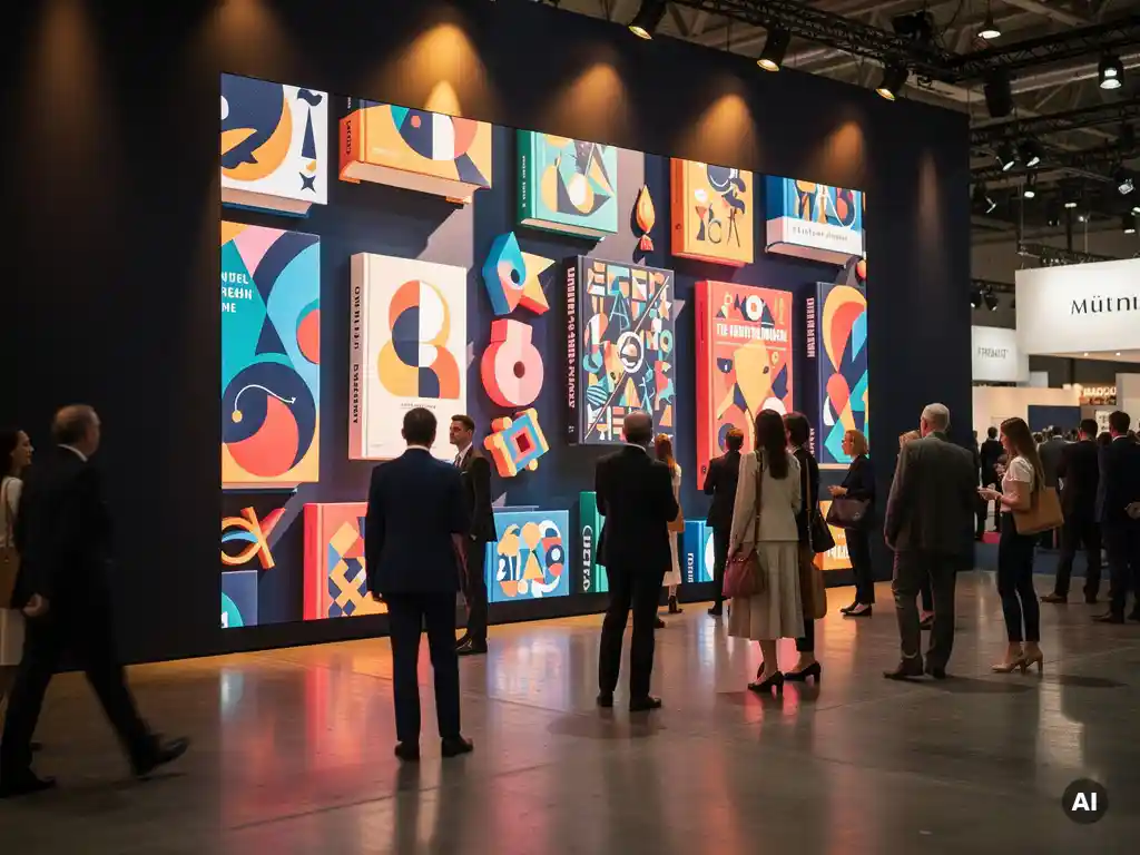 Großes LED-Display mit leuchtenden Buchcover-Grafiken an einem Messestand der Frankfurter Buchmesse, beleuchtet von warmem Bernsteinlicht.