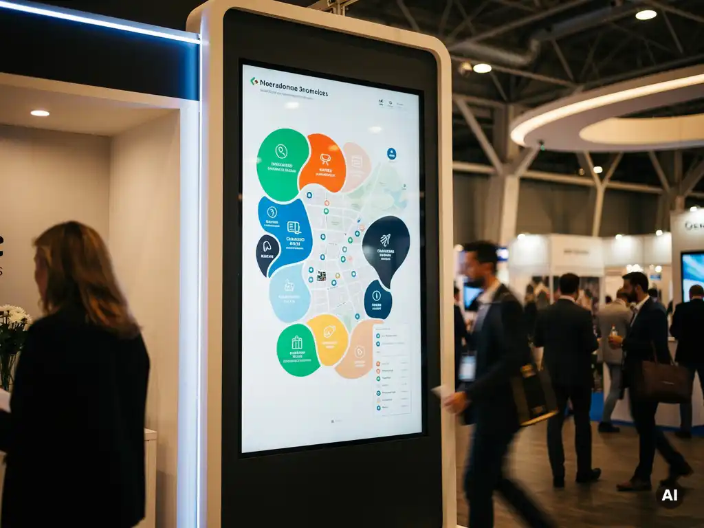 Vertikales Touchscreen-Display als interaktiver Wegweiser auf einer Fachmesse, umgeben von Besuchern und elegantem Ausstellungsambiente.