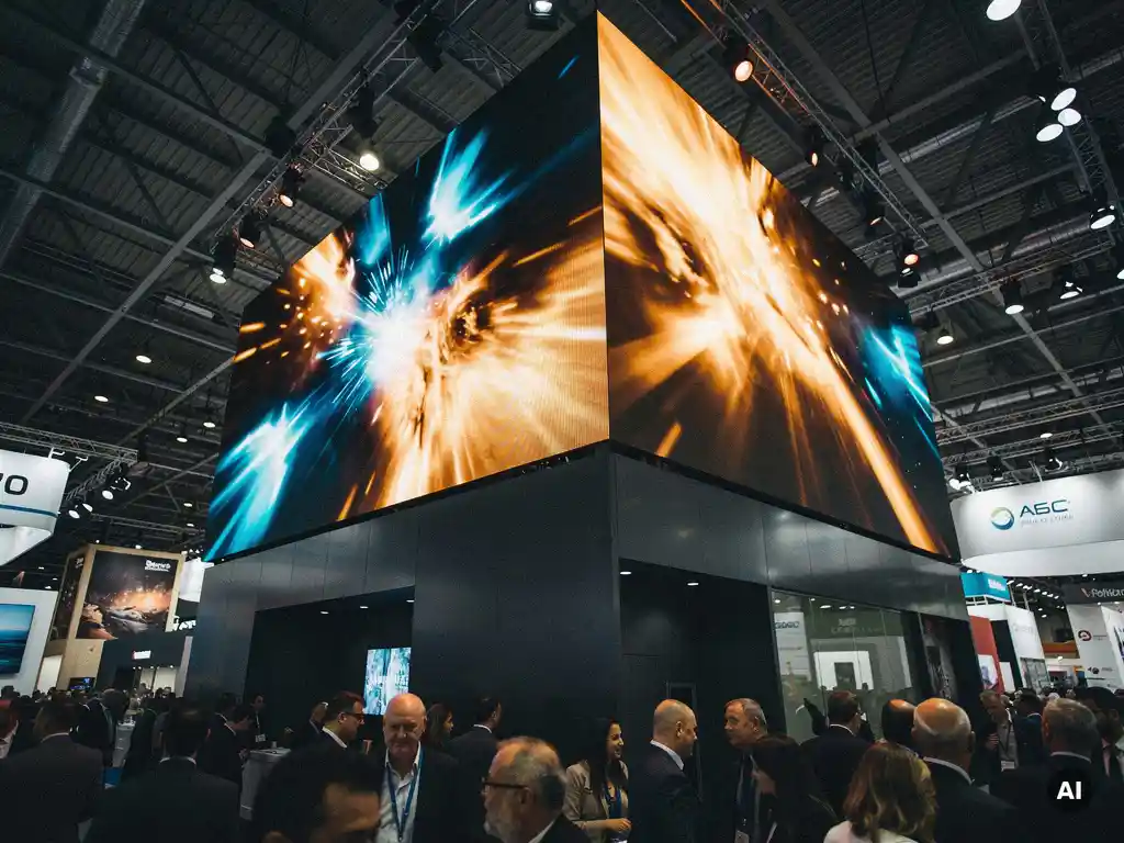 Großformatige LED-Videowand mit lebhaften Bewegtgrafiken in Blau und Amber über einem modernen Messestand in voller Halle.