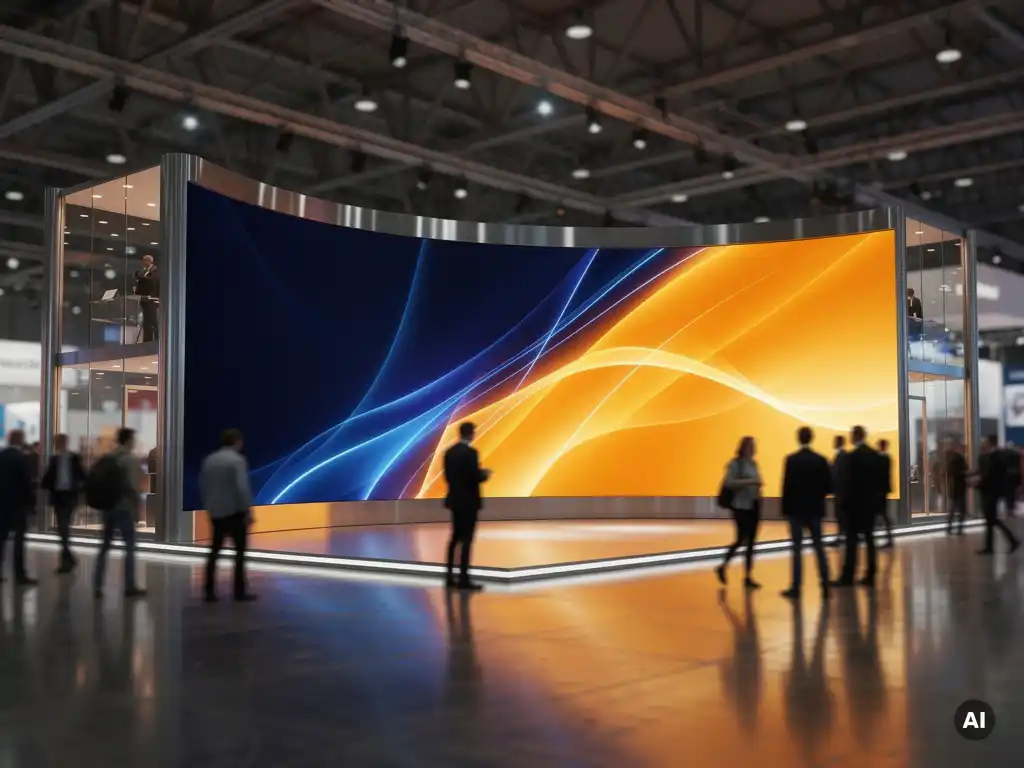 Geschwungene LED-Videowand an einem Messestand mit lebendigen Markenvisuals, reflektierendem Hallenboden in Bernstein- und Blautönen, Publikum im Hintergrund.
